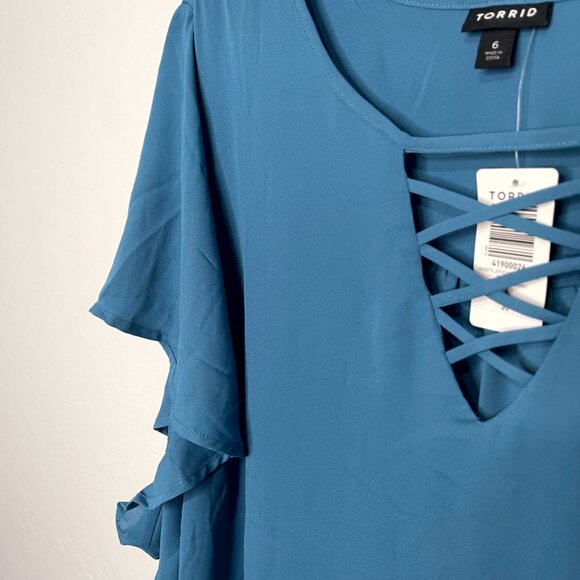 Torrid Georgette Lattice V Neck Flutter Sleeve Bluesteel Blouse Top 6 6X 30 - Picture 4 of 6